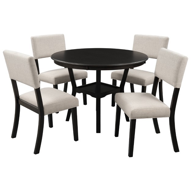 5 piece Kitchen Dining Table Set Round Table With Bottom Shelf And 4 Upholstered Chairs Espresso beige modernluxe