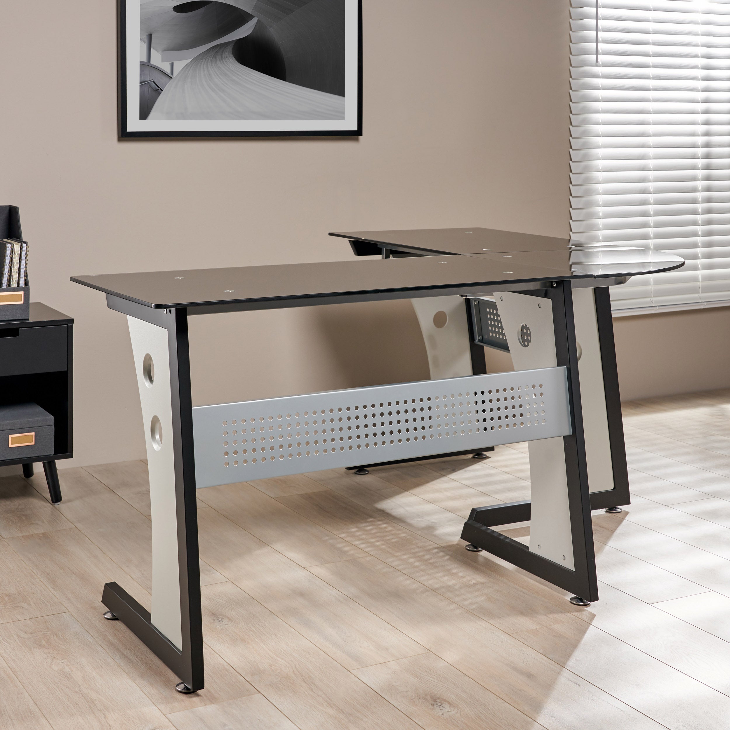 Orion Modern L-Shaped Black and Gray Iron Office Desk with Tempered Glass Top