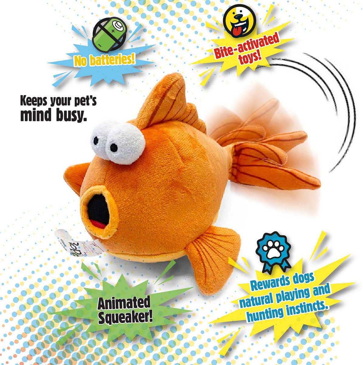 goDog Action Plush  Gold Fish Animated Squeaker Dog Toy， Orange Medium