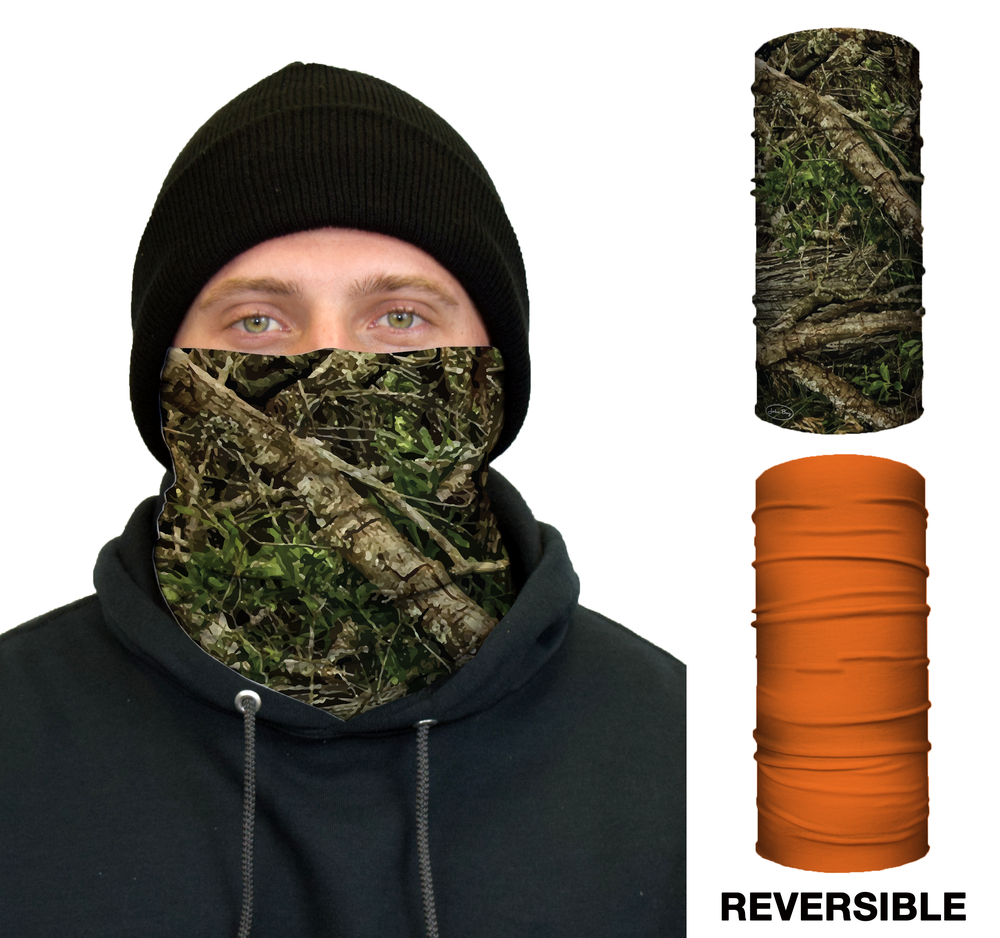 John Boy Thermal Face Guard ; Reversible Tree Camo and Orange Pattern