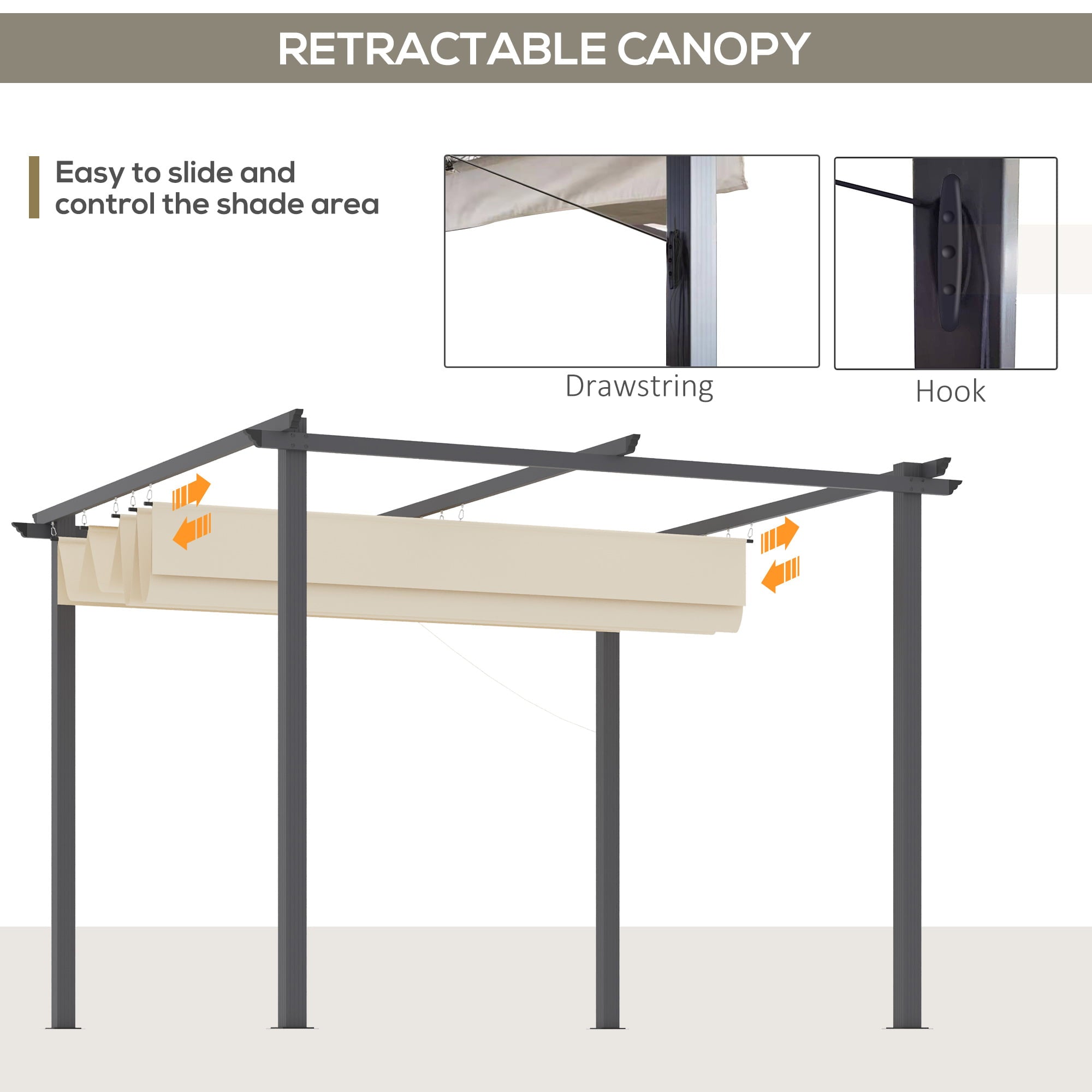 Carevas 10' x 10' Aluminum Pergola Patio Gazebo w/ Retractable Canopy, Cream White