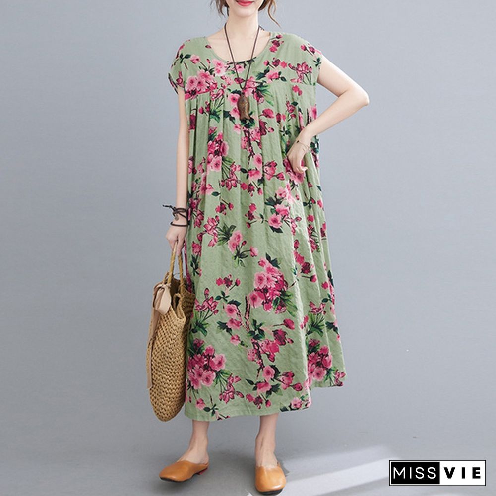 Oversized Retro Summer Short Sleeve Kaftan Casual Floral Printed Bohemian Long Maxi Shirt Dress Holiday