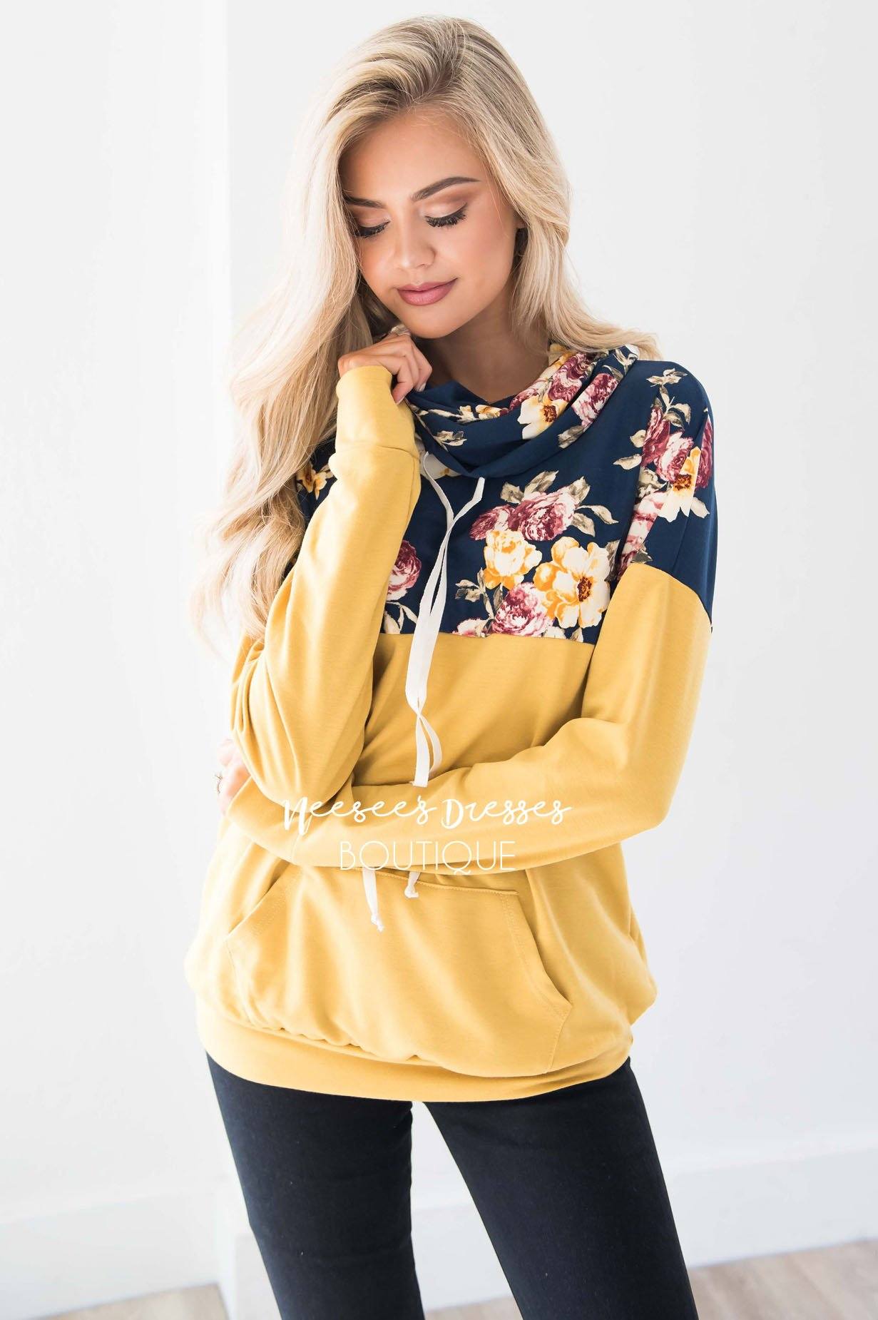 Floral Top Mustard Cowl Neck Sweater