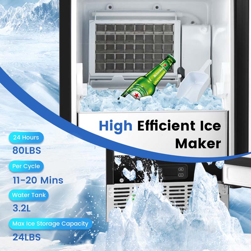 115V 80LBS/24H Commercial Ice Maker Machine with Drain Pump, 25LBS Ice Bin, Self-Cleaning Function