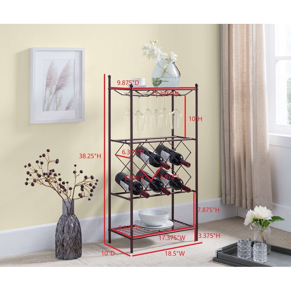 Metal Wine Rack Stand with Glass Holder   Shelves