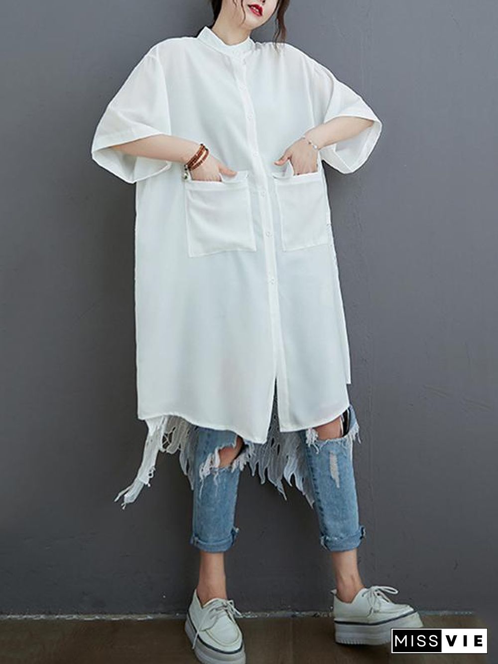 Loose Split-Joint Hollow Solid Long Blouse