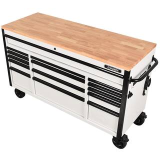 Husky 61 in. W x 23 in. D Heavy-Duty 15-Drawer Mobile Workbench Tool Chest with Solid Wood Top in White H61MWC15GWHD