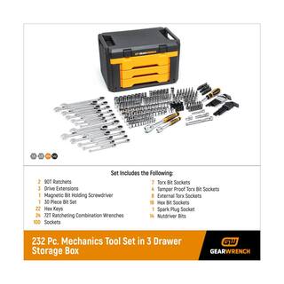 GEARWRENCH 14 in. and 38 in. Drive 90-Tooth Standard and Deep SAEMetric Mechanics Tool Set in 3-Drawer Storage Box (232-Piece) 80949