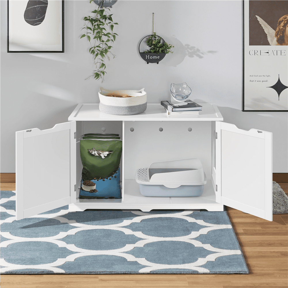 Topeakmart Wooden Cat Litter Box Enclosure with Partition Wall， White