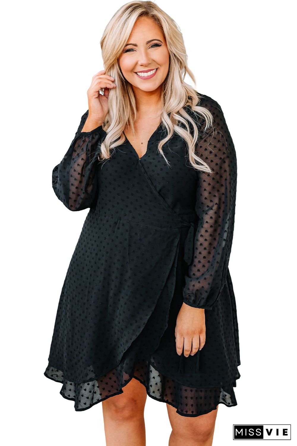 Black Plus Size Swiss Dot V Neck Wrap Long Sleeve Dress