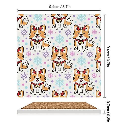 Colourlife Square Drink Coasters 6 Pcs Christmas Corgi Dog And Snowflakes Absorbent Ceramic Coffee Coasters For Drinks With Cork Base Housewarming Gif