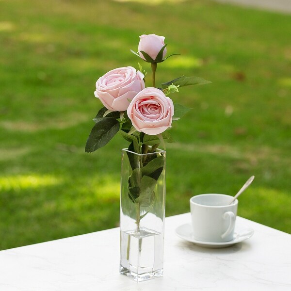 Enova Home Artificial Silk Rose Flower in Clear Glass Vase Faux Rose Flower with Vase For Home Office Decoration