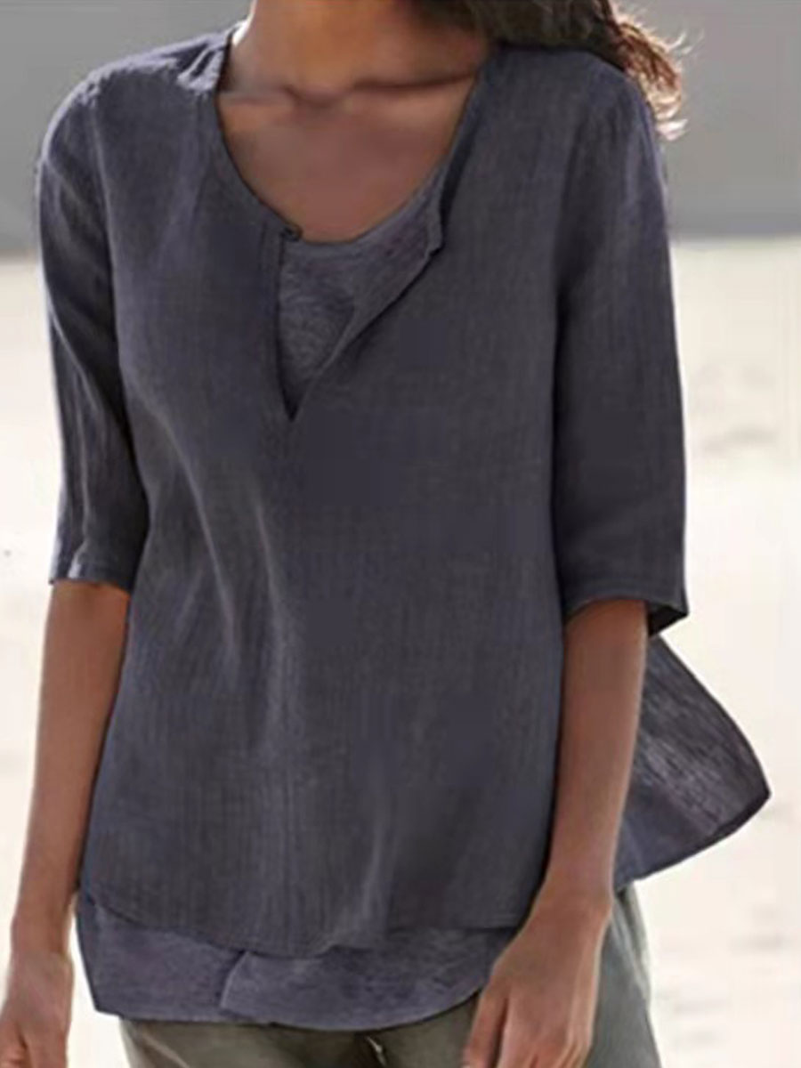 Round Neck Casual Loose Solid Color Long Sleeve Blouse