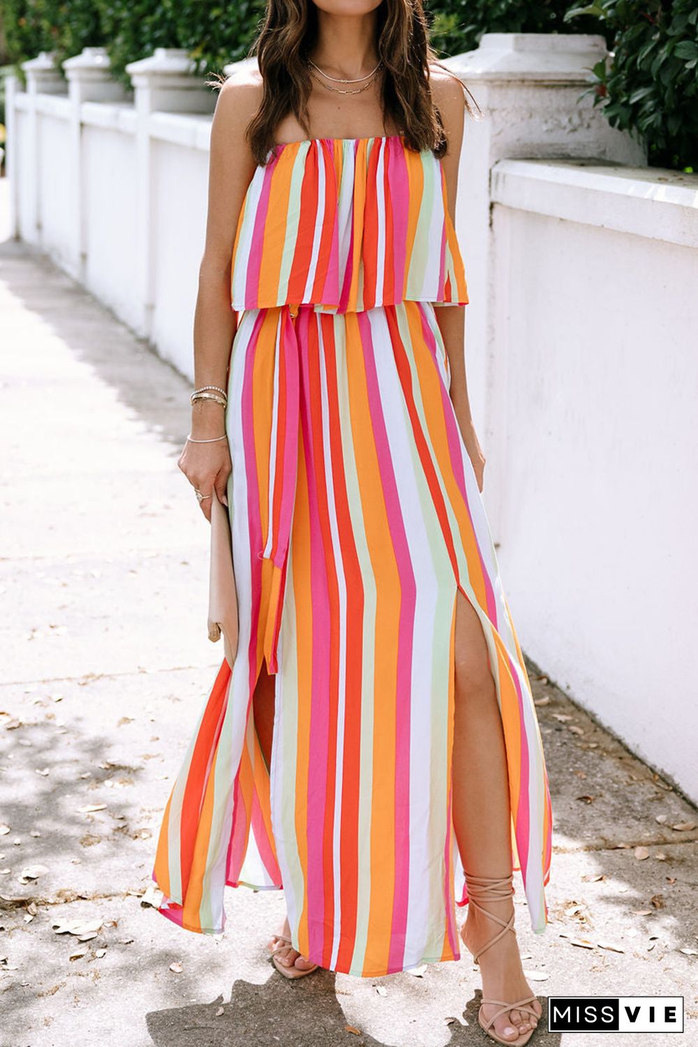 Stripe Overlay Strapless Maxi Dress with Slits