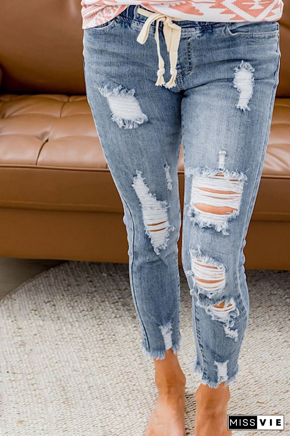 Drawstring Waist Ripped Skinny Denim Jeans