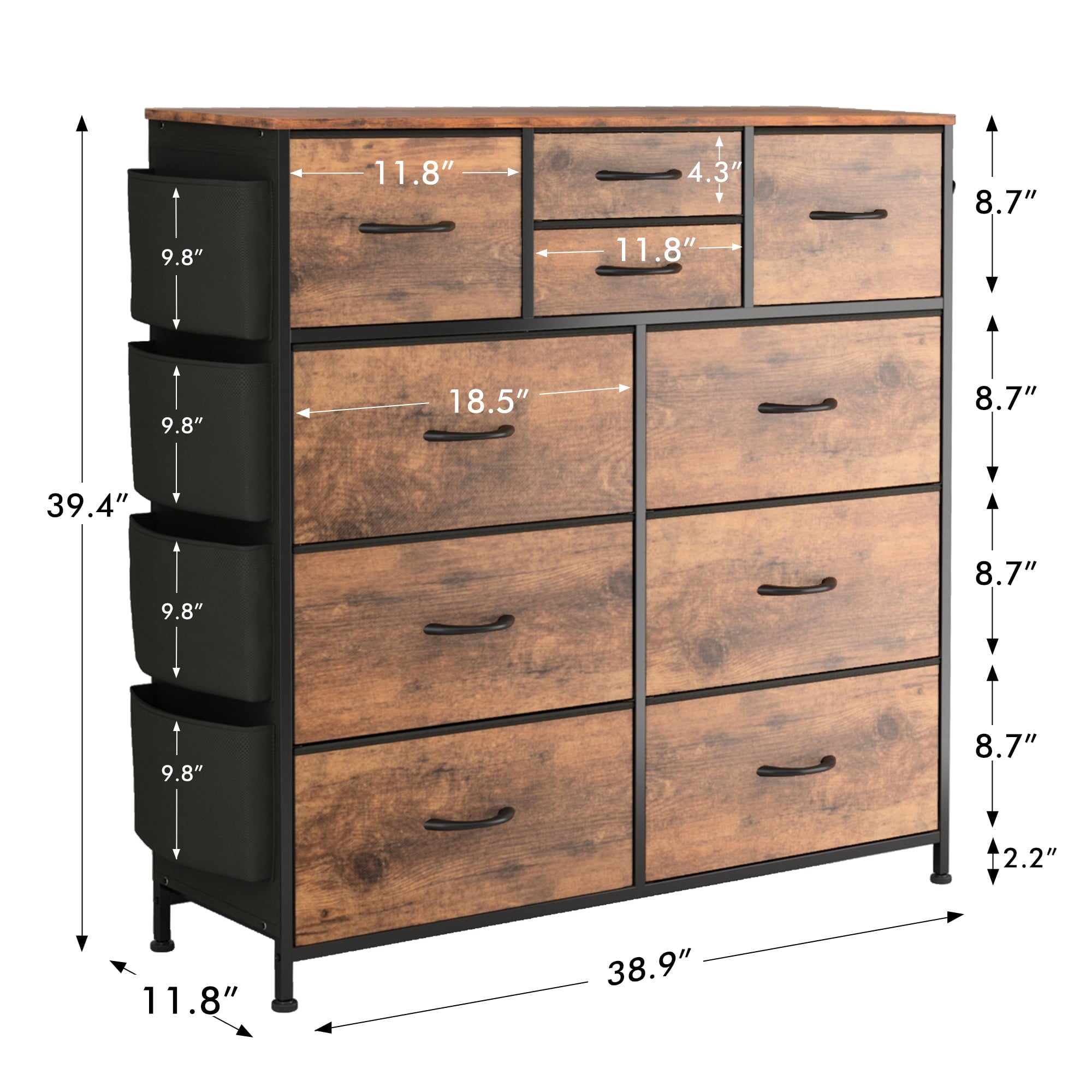 Lulive 10 Drawer Dresser, Chest of Drawers for Bedroom with Side Pockets and Hooks Fabric Storage Dresser Sturdy Steel Frame Wood Top Organizer Unit for Hallway Closet (Brown)