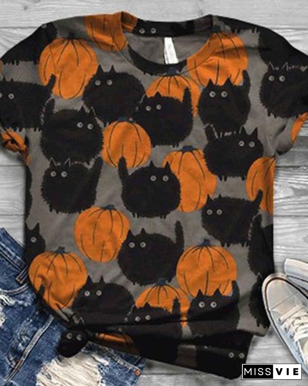 Women 5 Pattern Type Halloween Cat&Pumpkin Short Sleeve T-Shirts