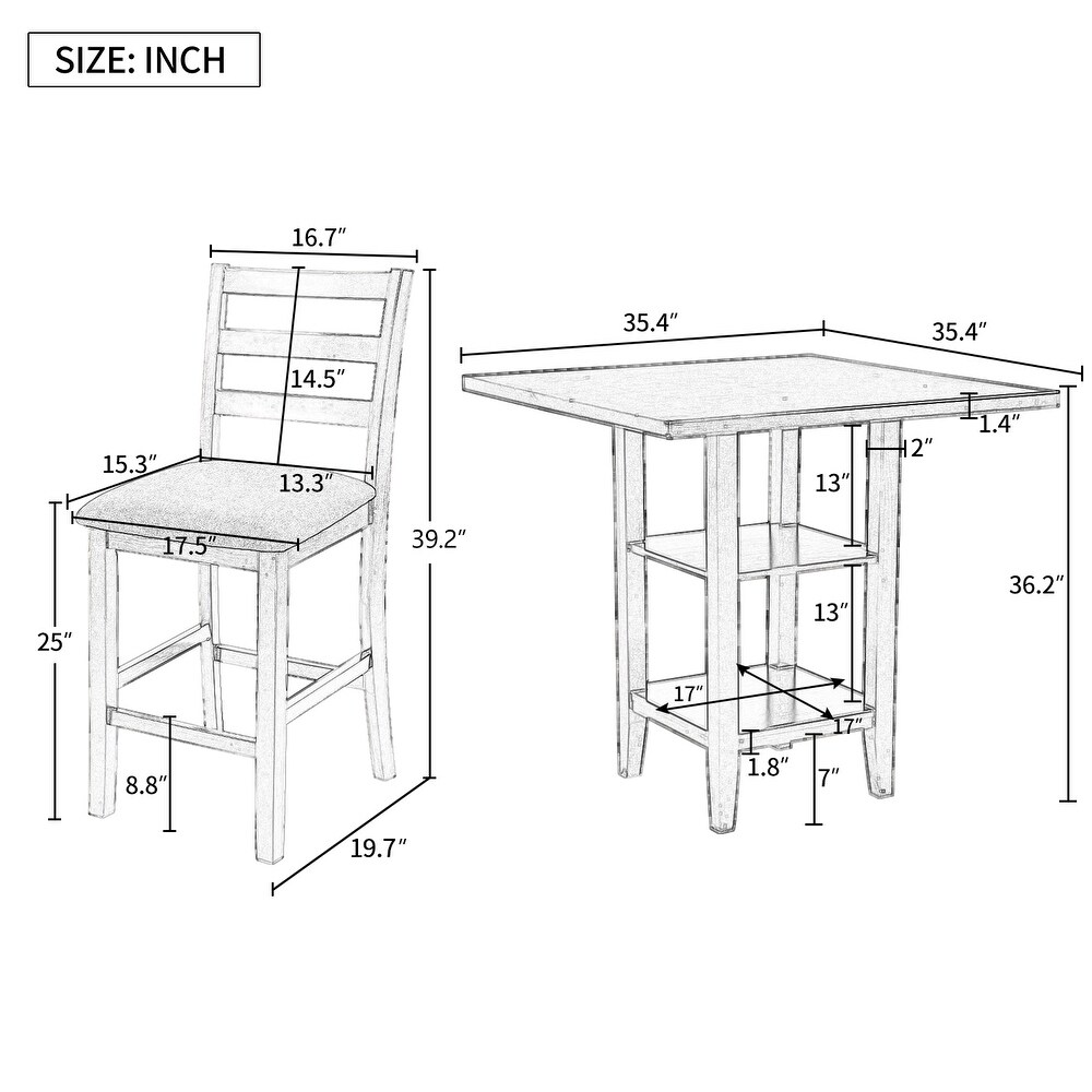 5 Piece Wooden Counter Height Dining Set with Square Table w/Storage Shelving and Ladder Back Padded Chairs  for Dining Room