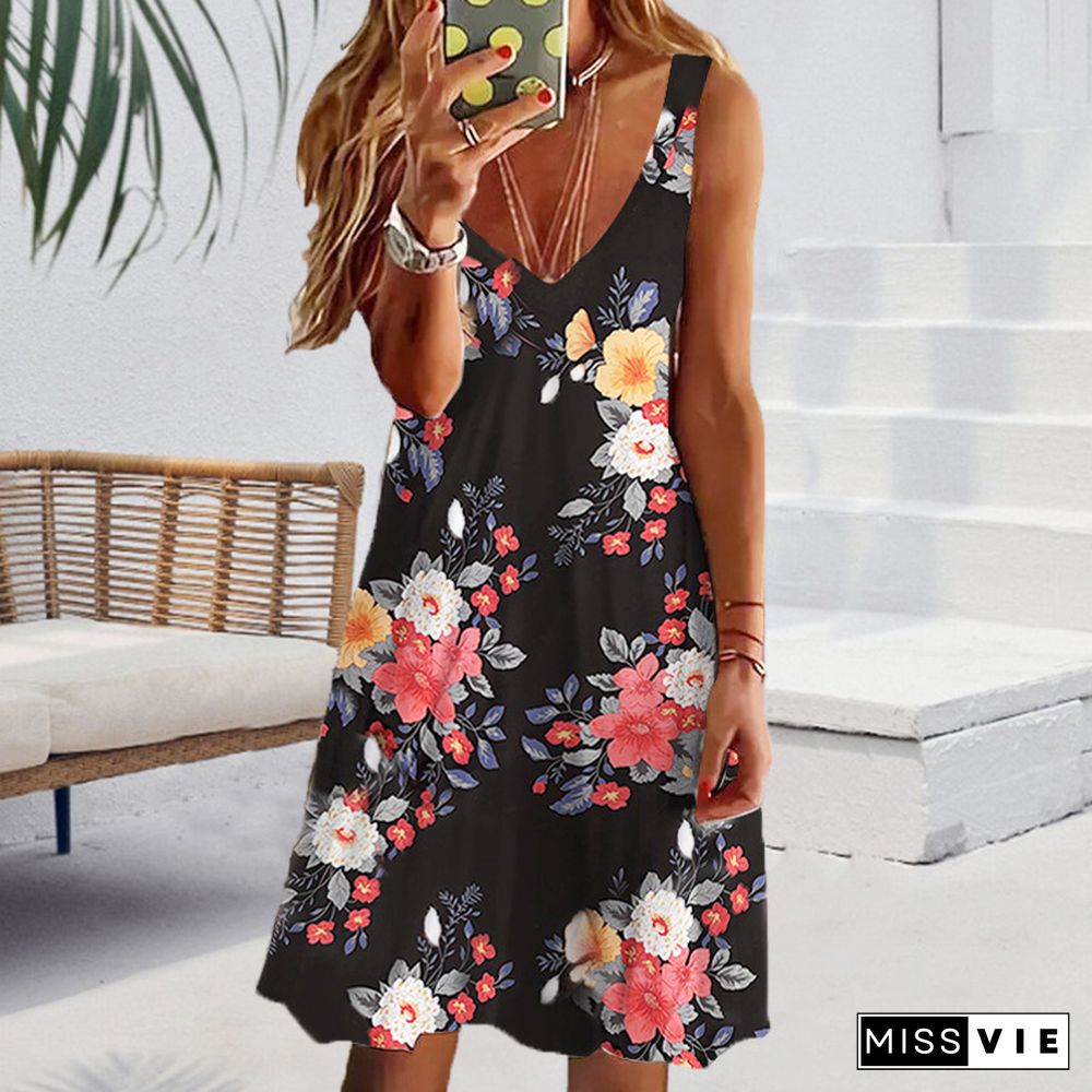 Casual V-neck Loose Flower Sleeveless Dress