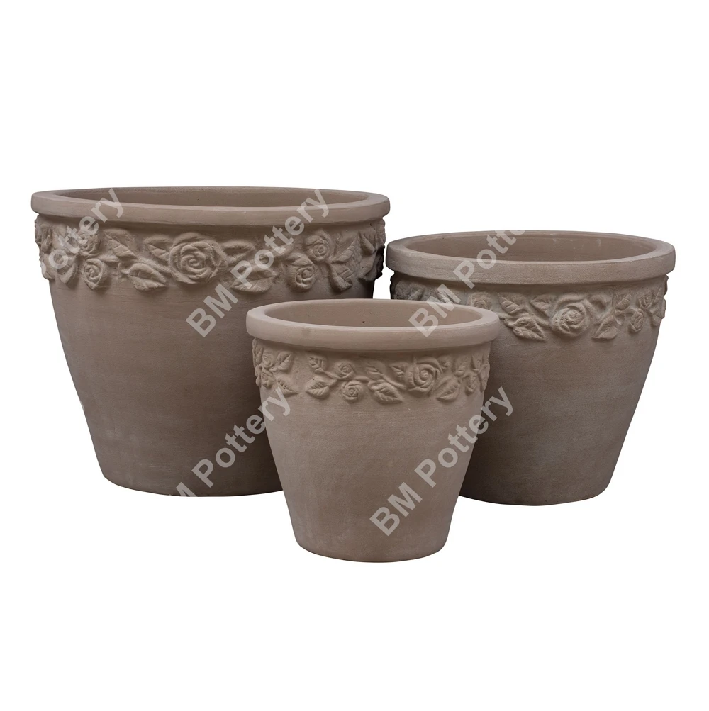 Set of 3 chocolate  terracotta pots made in Vietnam best quality for garden decorative made by terracotta material