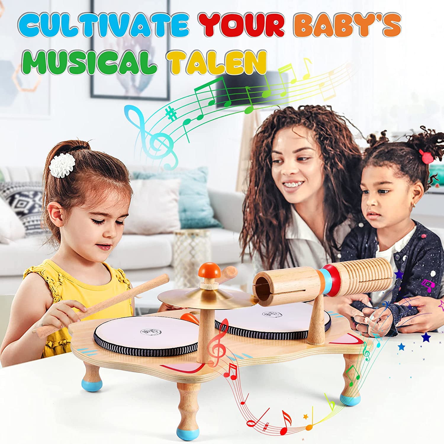 Sweet time Kids Drum Set， Baby Musical Instruments Toys for Toddlers， 6 in 1 Wooden Percussion Instruments Toddler Drum Set Sensory Toys Montessori Toys Birthday Gifts for Boys and Girls