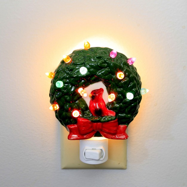 Christmas Wreath Night Light One Night Light 5 25 Inches Cardinal Electric Plug in Mx181443 Ceramic Green