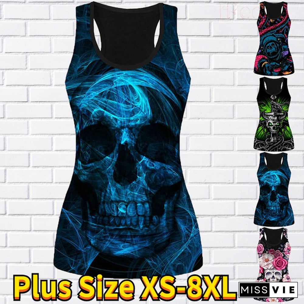 Women's Fashion 3D Skull Print Hollow Out Tank Top Summer Sleeveless Graphic Punk Shirt Slim Fit Cotton Gothic Tee Tops Plus Size Vest XS-8XL