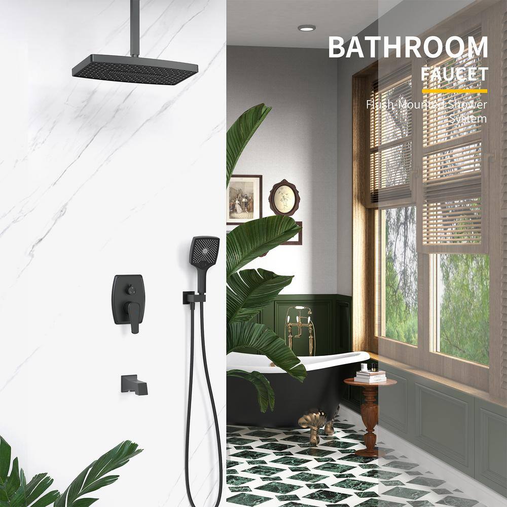 GIVING TREE Single-Handle 5-Spray Ceiling Mount Rectangle Tub and Shower Faucet with Hand Shower in Matte Black(Valve Included) HDFFBT707XC-MB