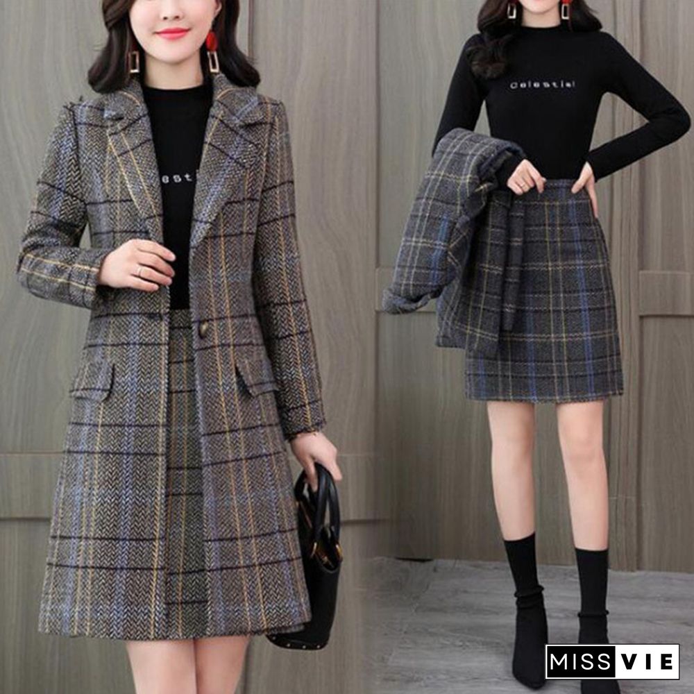 S-Xxl Women's Office Suits Elegant Plaid Trench Coat And Skirt 2 Piece Set Work Outfit Long Jacket With Skirt Autumn Winter Suits