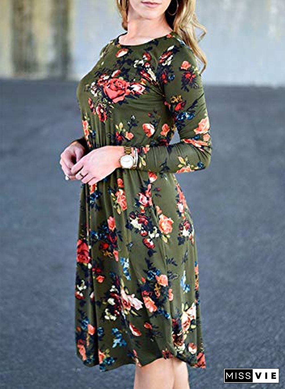 Casual Round Neck Elastic High Waist Floral Midi Dress