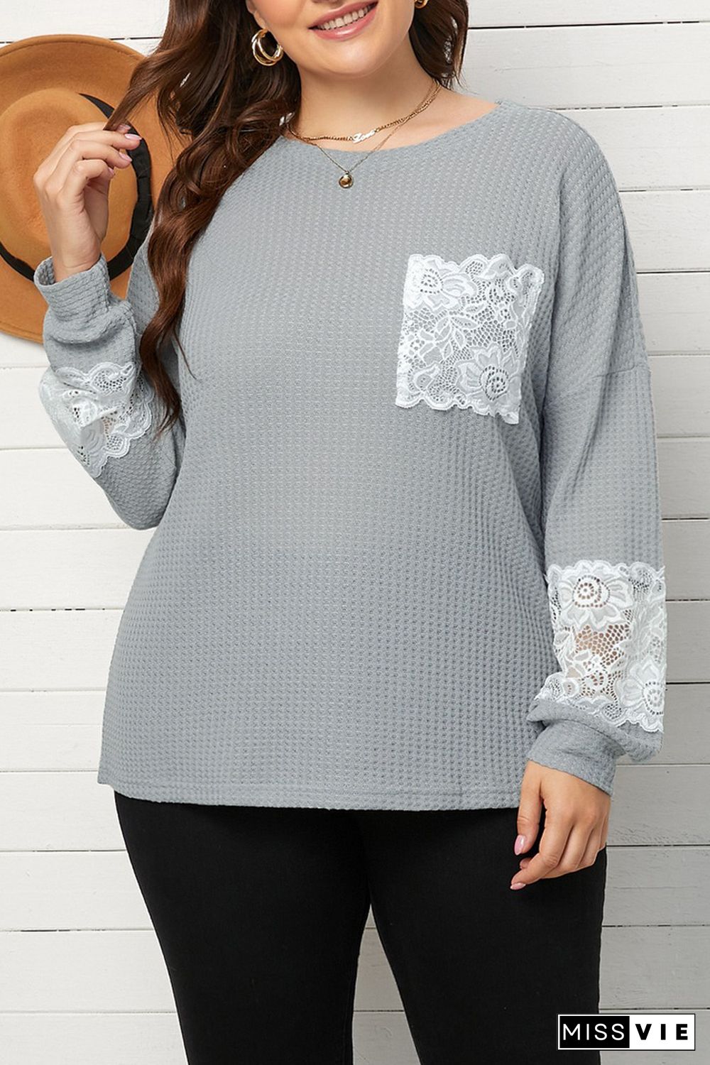 Gray Lace Patchwork Waffle Knit Plus Size Blouse