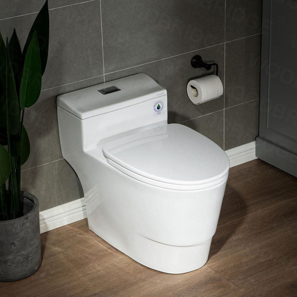 WOODBRIDGE 1piece 128 GPF Conserver High Efficiency Dual Flush AllinOne Toilet with Soft Closed Seat Included in White