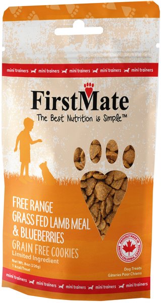 Firstmate Free Range Grass Fed Lamb and Blueberries Mini Trainer Grain-Free Dog Treats， 8-oz bag