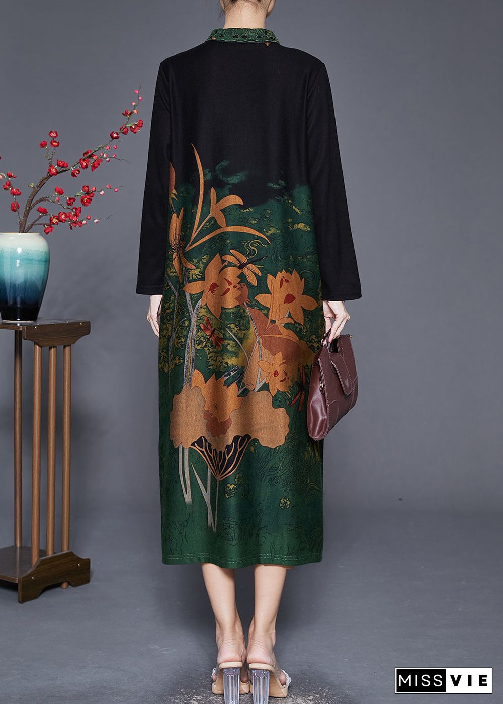 Elegant Green Print Peter Pan Collar Silk Long Dresses Fall