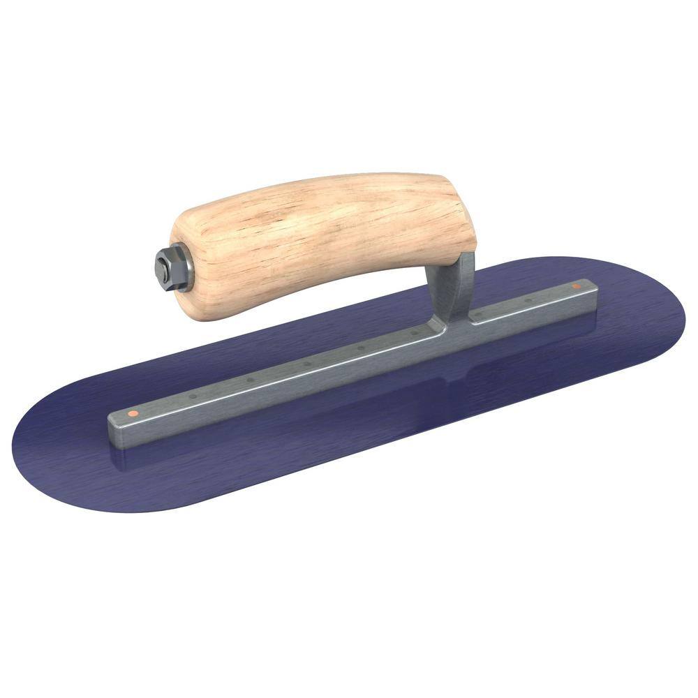 Bon Tool 12 in. x 4 in. Blue Steel Round End Finishing Trowel with Wood Handle and Long Shank 66-150