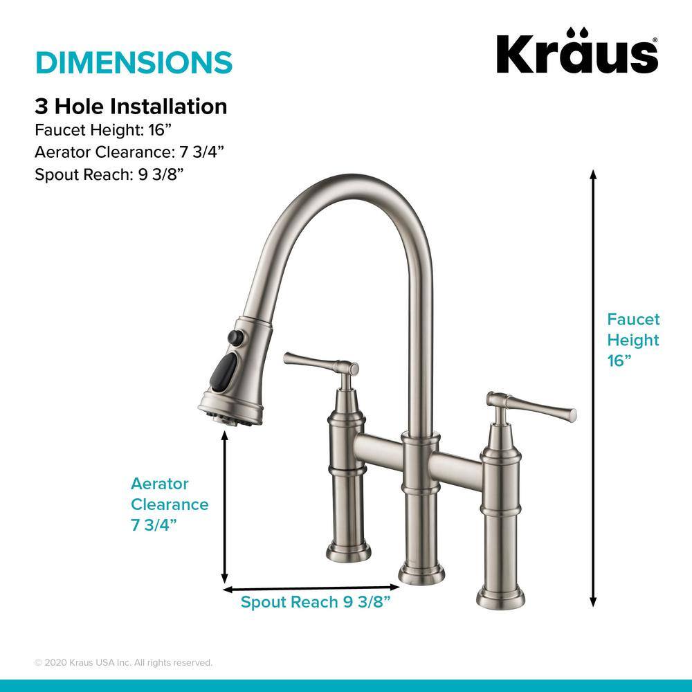 KRAUS Allyn Double Handle Transitional Bridge Kitchen Faucet with Pull-Down Sprayhead in Spot Free Stainless Steel KPF-3121SFS