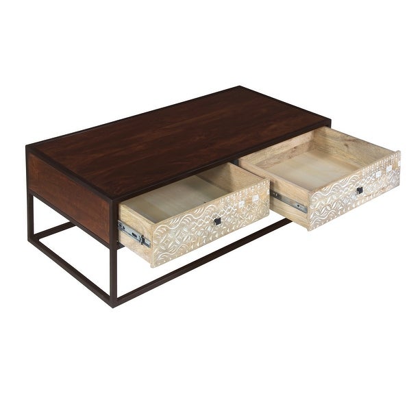 45 Inch Carson Rectangular Mango Wood Coffee Table with Metal Frame and 2 Drawers， Brown and Black