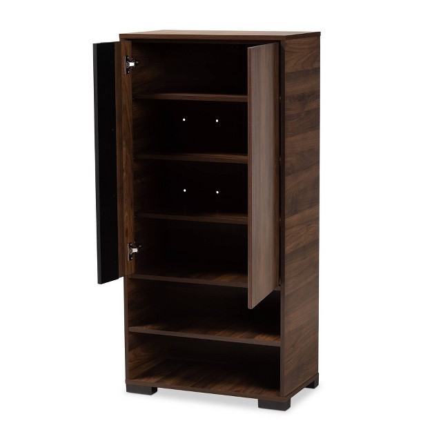 Raina Two tone Wood 2 Door Shoe Storage Cabinet Walnut Brown black Baxton Studio