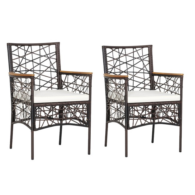 Tangkula Patio Pe Rattan Dining Chairs Set Of 2 4 Patio Pe Wicker Armchairs With Removable Cushions And Acacia Wood Armrests