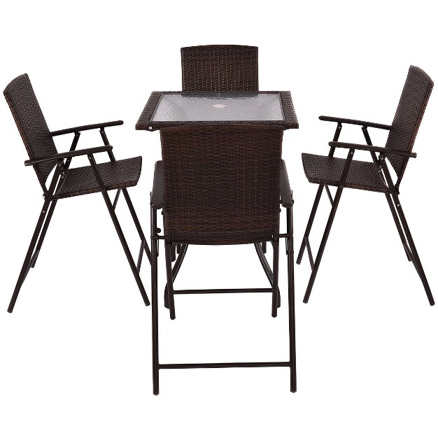 Costway 5pcs Rattan Patio Furniture Set 4 Bar Stool Folding Chair Bar Table W glass Top