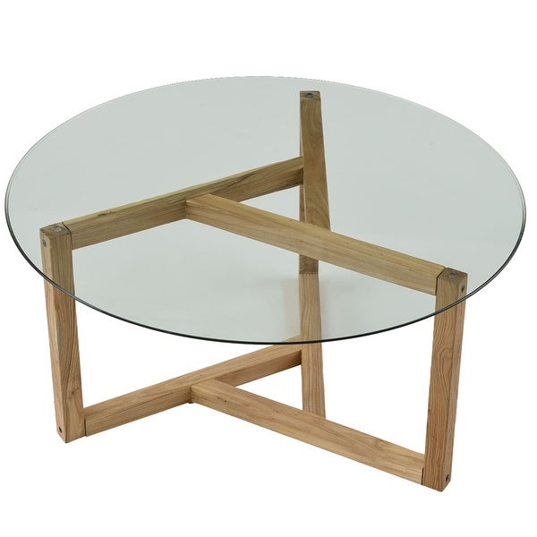 Round Coffee Table Modern Center Table with Tempered Glass Top Sofa Table with Sturdy Wood Base End Table for Living Room