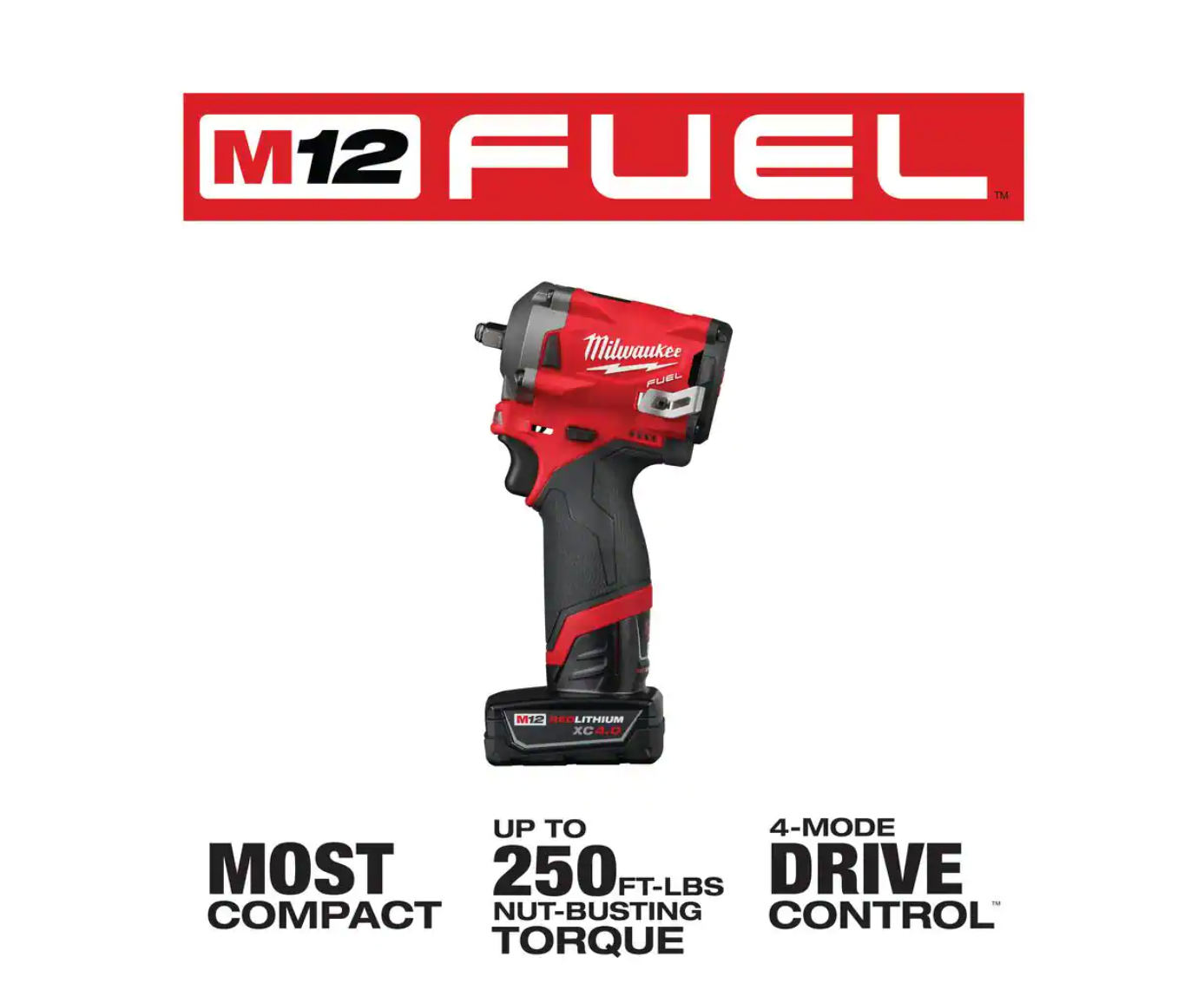 Milwaukee 2554-22-48-11-2440 M12 FUEL 12V Lithium-Ion Brushless Cordless Stubby 3/8 in. Impact Wrench Kit With M12 4.0Ah Battery