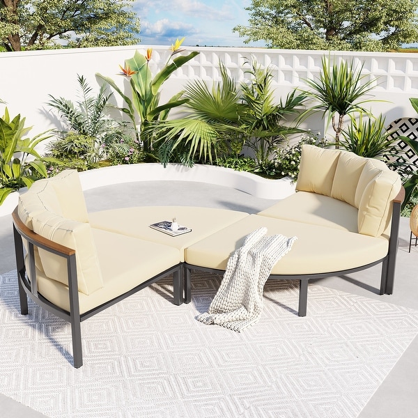 Roomfitters 4 Piece Round Outdoor Conversation Set，AllWeather Metal Sectional Sofa with Cushions，Ideal for Patio and Backyard