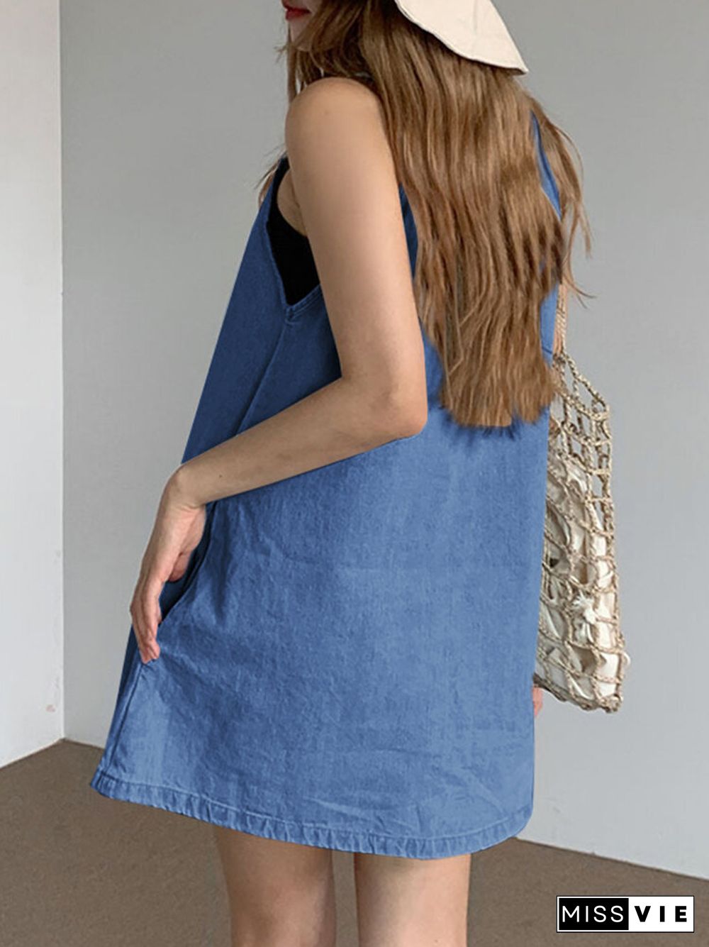 Solid A-line Pocket Sleeveless Crew Neck Denim Casual Dress