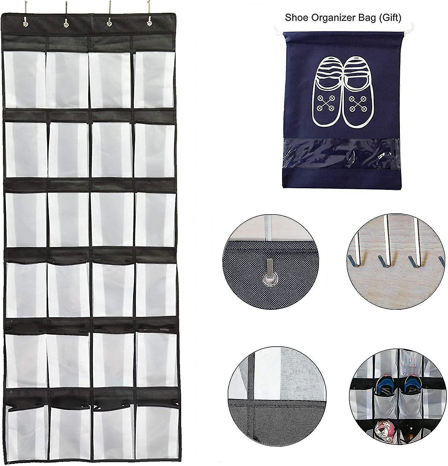 Shoe Organizer Hanging Over The Door， 24 Large Mesh Pockets Shoe Storage With 4 Hooks For Bedroom Closet， 59 X 21.6