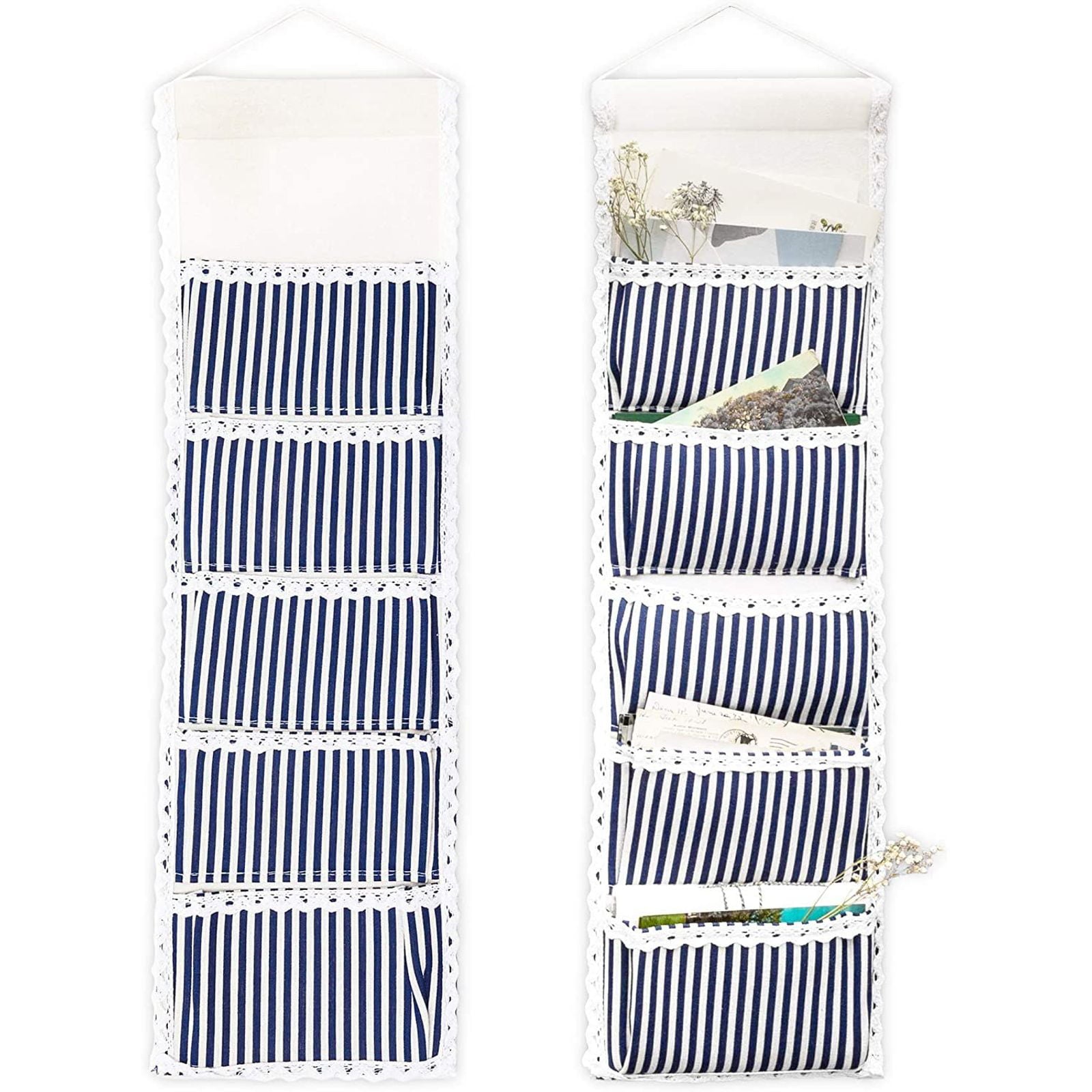 2-Pack Over the Door Closet Wall Hanging Organizer, Wall Mounted Storage Bag Case 5 Pockets Lined Cotton Fabric, Blue Stripes 8”x26”