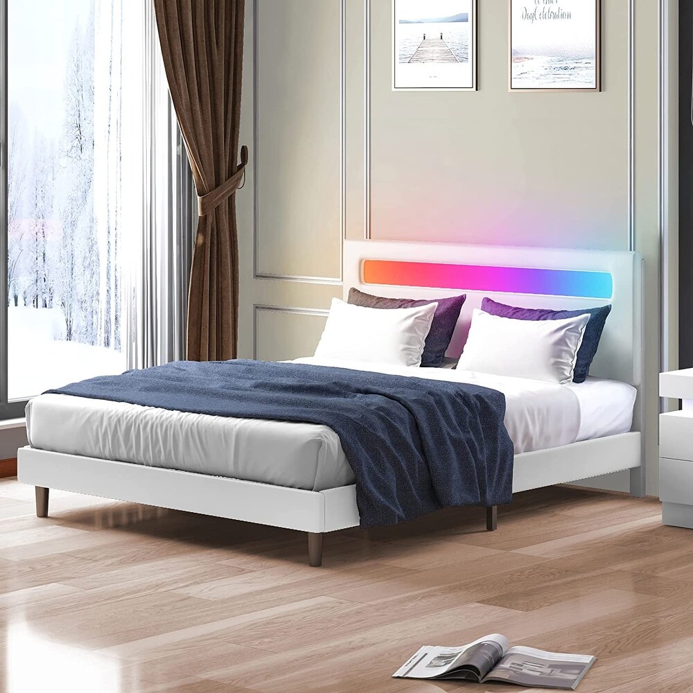 Mixoy Platform Bed Frame with Smart RGB LED Light Strip Bed Frame with Adjustable Headboard  Compatible with Alexa   App