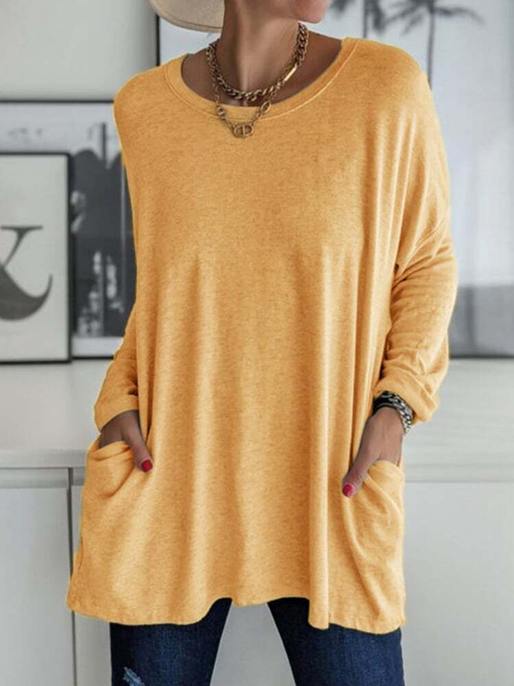 Solid Pocket Round Neck Long Sleeve T-Shirt