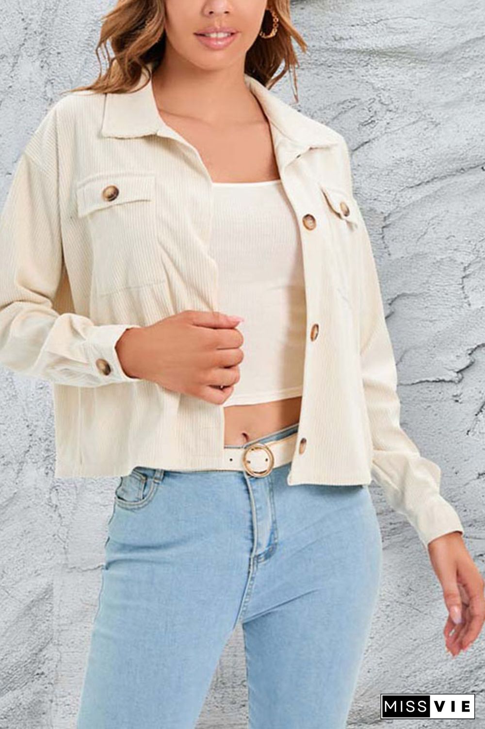 Plain Pockets Button Corduroy Crop Jacket