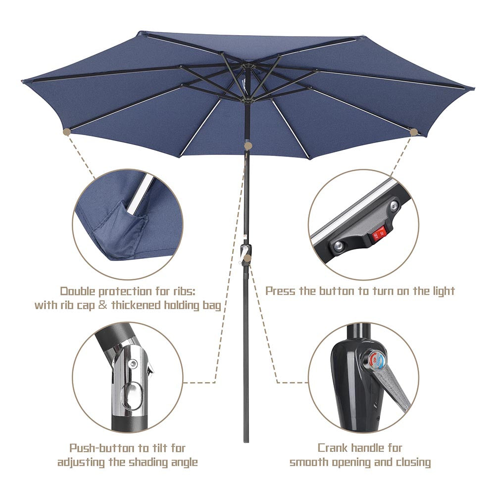 Yescom Solar Umbrella w/ Lights Tilt Market Umbrella 10ft 8-Rib